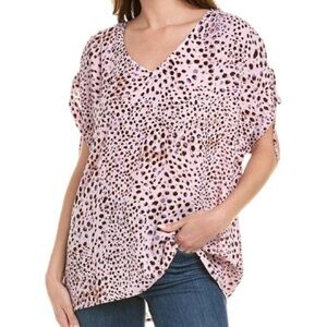 Cabi Seaside Top‎ Style 5980 Ruched Sleeves V-Neck Purple Leopard Print Large